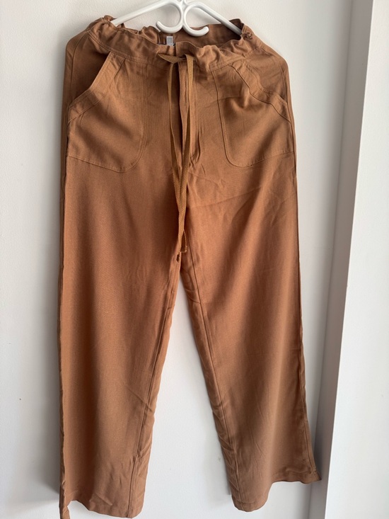 🤎 Linen Wide Leg Drawstring Pocket Pants Sz 6 - Picture 2 of 3